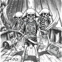 Realistic black and white illustration of scary skeleton pirates