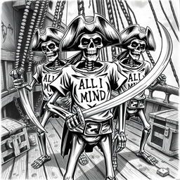 Realistic black and white illustration of scary skeleton pirates