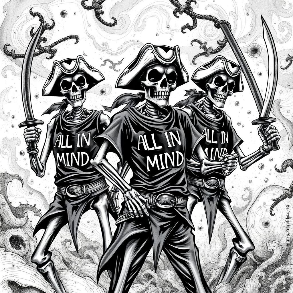 Realistic black and white illustration of scary skeleton pirates