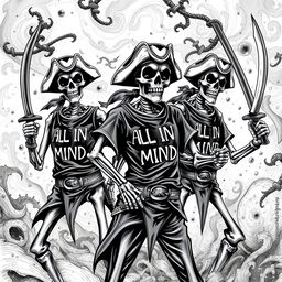 Realistic black and white illustration of scary skeleton pirates