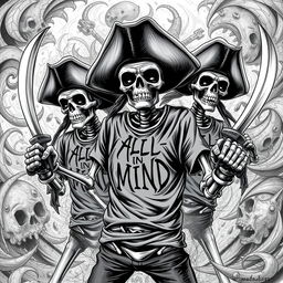 Realistic black and white illustration of scary skeleton pirates