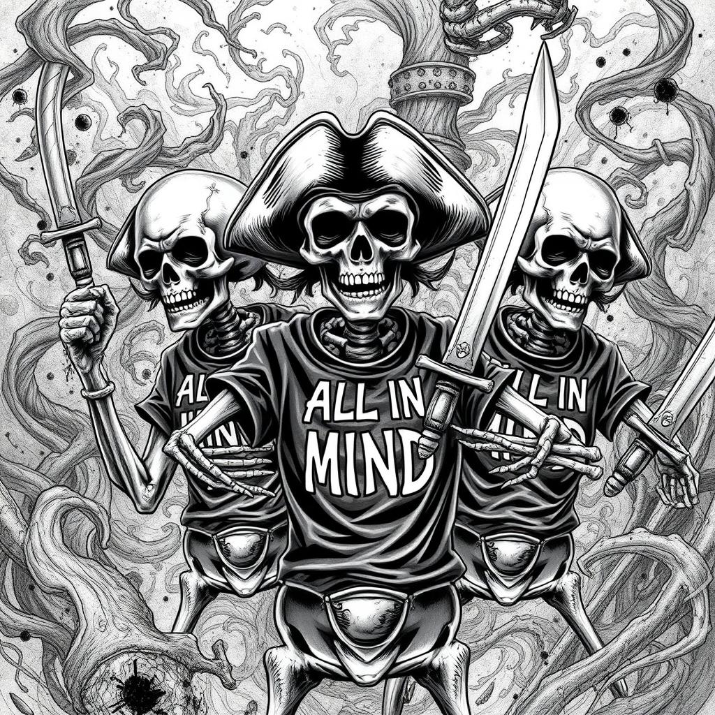 Realistic black and white illustration of scary skeleton pirates