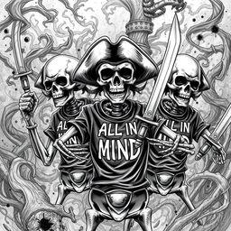 Realistic black and white illustration of scary skeleton pirates