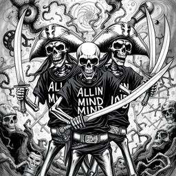 Realistic black and white illustration of scary skeleton pirates