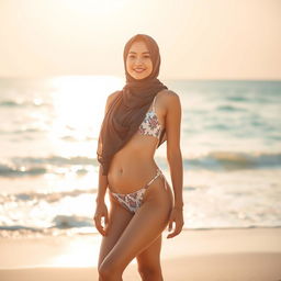 A young woman wearing a hijab bikini, standing confidently on a sandy beach