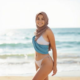A young woman wearing a hijab bikini, standing confidently on a sandy beach