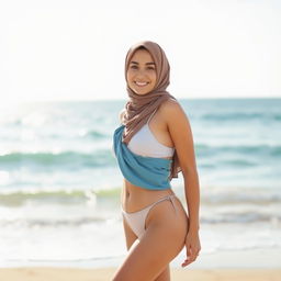 A young woman wearing a hijab bikini, standing confidently on a sandy beach