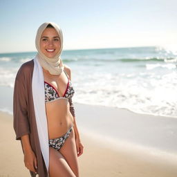 A young woman wearing a hijab bikini, standing confidently on a sandy beach