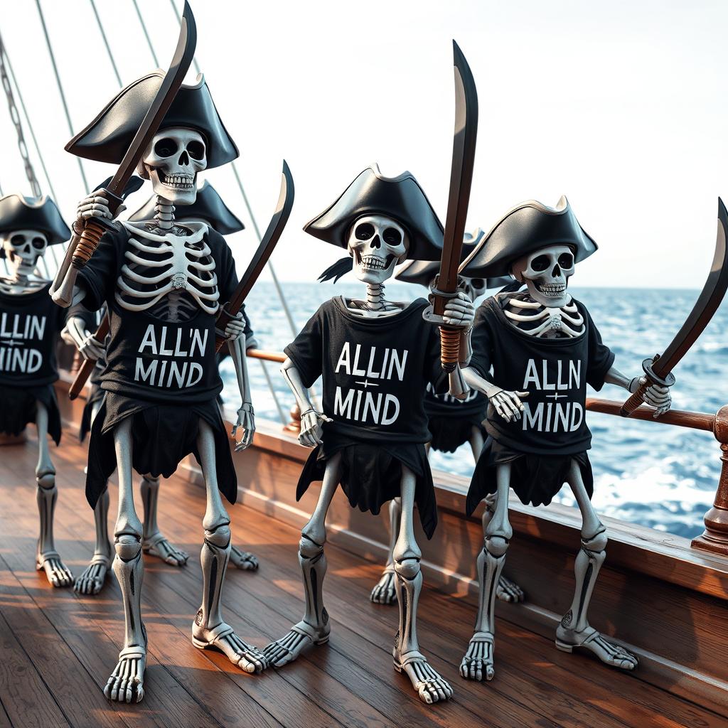 A group of realistic black and white skeleton pirates, each holding a pirate sword