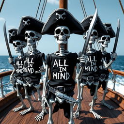 A group of realistic black and white skeleton pirates, each holding a pirate sword