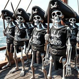 A group of realistic black and white skeleton pirates, each holding a pirate sword