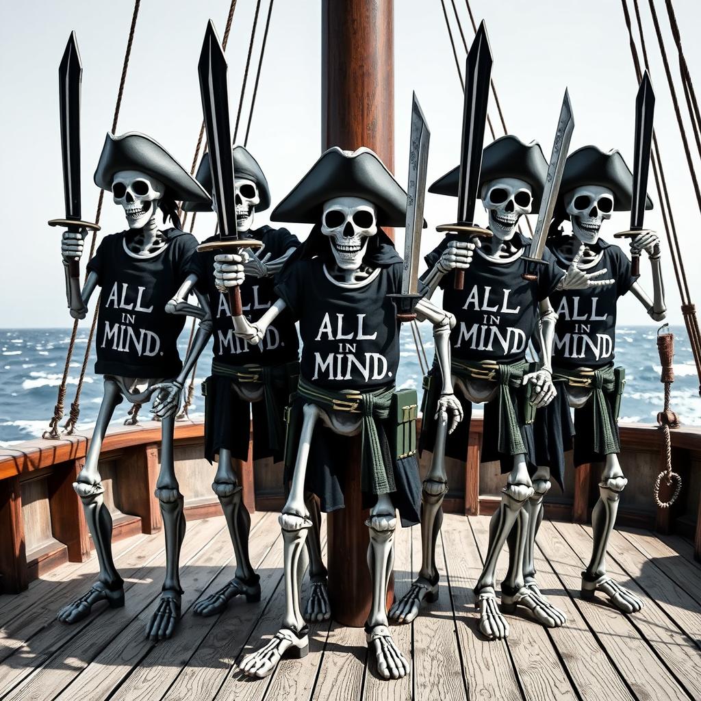 A group of realistic black and white skeleton pirates, each holding a pirate sword