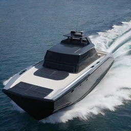 Visualize a robust and luxurious off-shore powerboat that incorporates the bold, muscular aesthetics of a Hummer vehicle