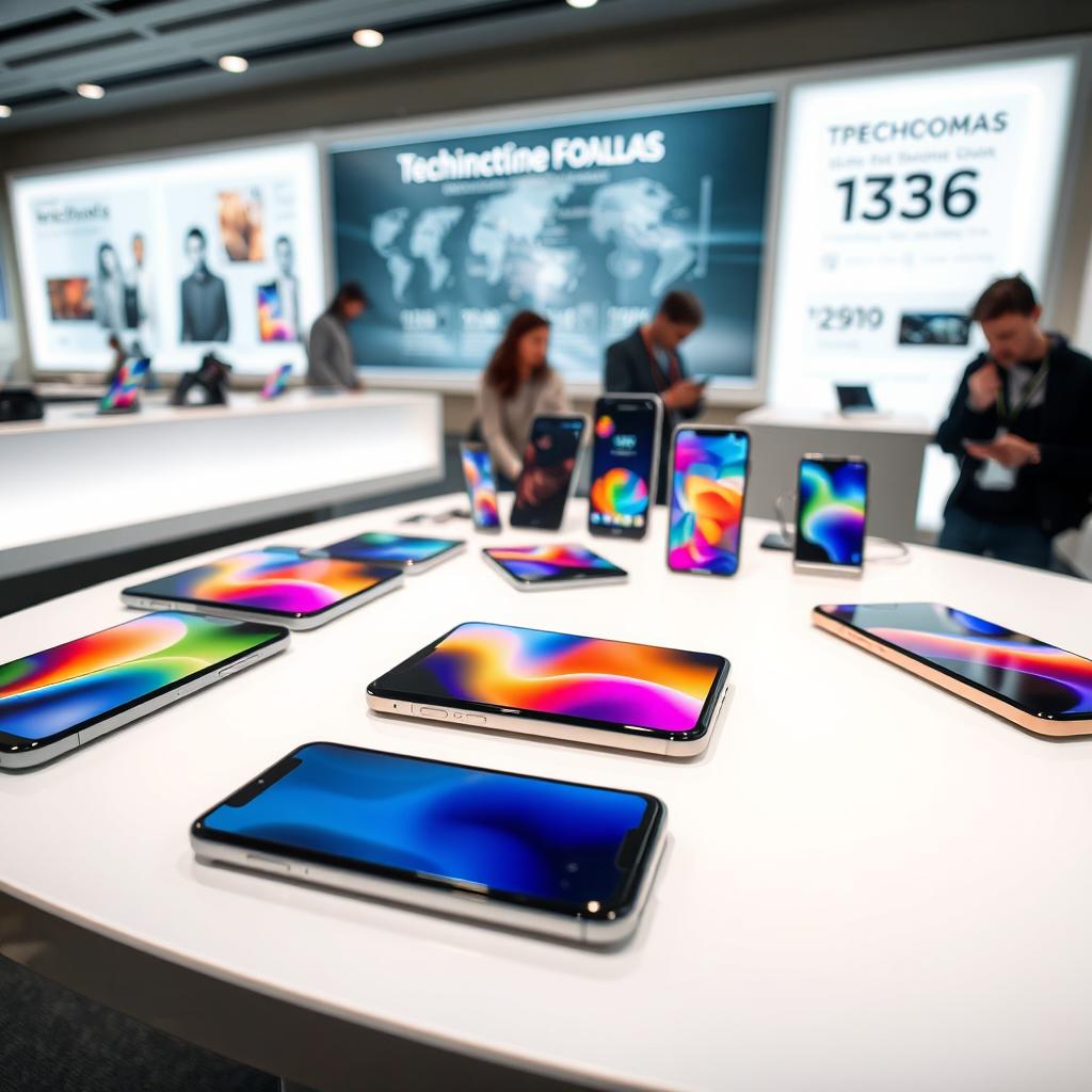 A collection of modern smartphones displayed on a sleek, futuristic table