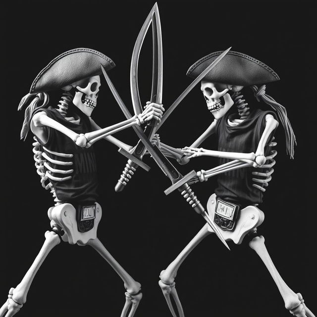 skeleton pirates engaged in a thrilling sword fight, each wearing t-shirts emblazoned with the phrase "ALL IN MIND"