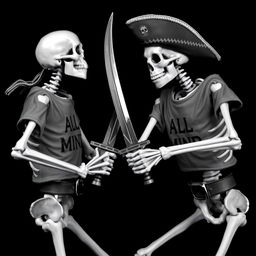 skeleton pirates engaged in a thrilling sword fight, each wearing t-shirts emblazoned with the phrase "ALL IN MIND"