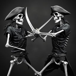 skeleton pirates engaged in a thrilling sword fight, each wearing t-shirts emblazoned with the phrase "ALL IN MIND"