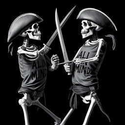 skeleton pirates engaged in a thrilling sword fight, each wearing t-shirts emblazoned with the phrase "ALL IN MIND"