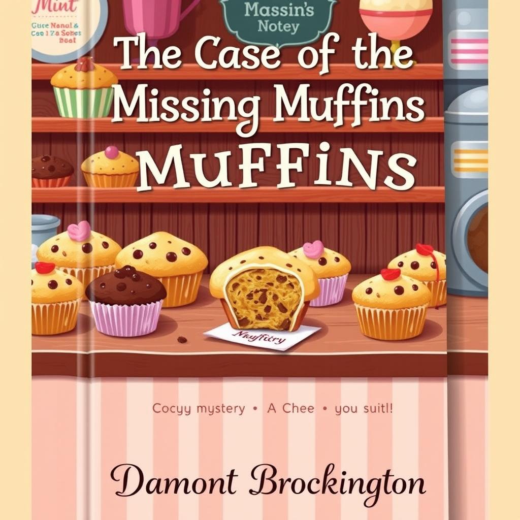 A delightful book cover for "The Case of the Missing Muffins," a cozy mystery novel