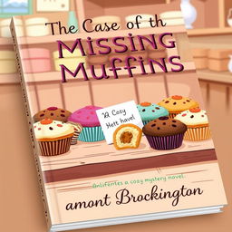 A delightful book cover for "The Case of the Missing Muffins," a cozy mystery novel