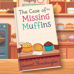 A delightful book cover for "The Case of the Missing Muffins," a cozy mystery novel