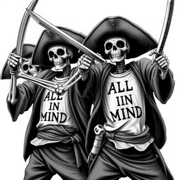 skeleton pirates striking dynamic poses with their pirate swords, wearing classic pirate clothes atop t-shirts that bear the phrase "ALL IN MIND"