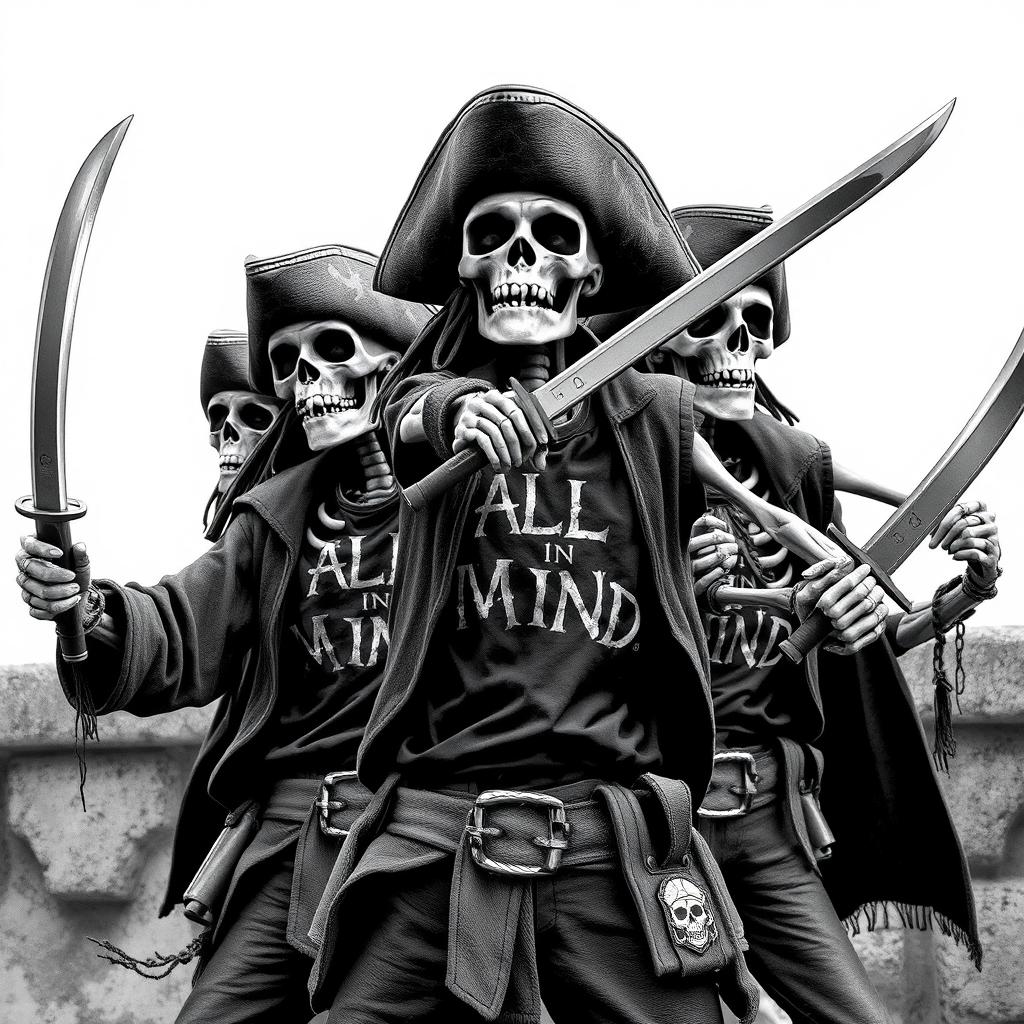 skeleton pirates striking dynamic poses with their pirate swords, wearing classic pirate clothes atop t-shirts that bear the phrase "ALL IN MIND"