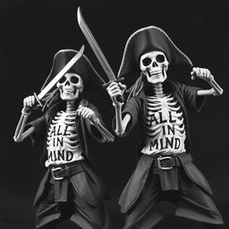 skeleton pirates striking dynamic poses with their pirate swords, wearing classic pirate clothes atop t-shirts that bear the phrase "ALL IN MIND"