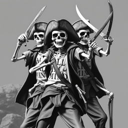 skeleton pirates striking dynamic poses with their pirate swords, wearing classic pirate clothes atop t-shirts that bear the phrase "ALL IN MIND"