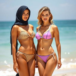 Two beautiful women standing together, one wearing an elegant Arab burqa, symbolizing a touch of mystery and cultural elegance, and the other a glamorous 35-year-old European woman with a slim figure