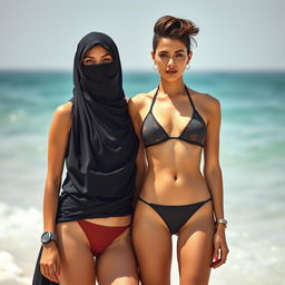 Two beautiful women standing together, one wearing an elegant Arab burqa, symbolizing a touch of mystery and cultural elegance, and the other a glamorous 35-year-old European woman with a slim figure