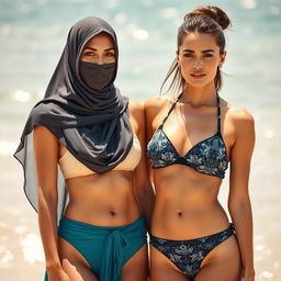 Two beautiful women standing together, one wearing an elegant Arab burqa, symbolizing a touch of mystery and cultural elegance, and the other a glamorous 35-year-old European woman with a slim figure