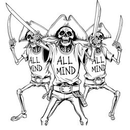 skeleton pirates in action poses, brandishing pirate swords and dressed in t-shirts with the phrase "ALL IN MIND"