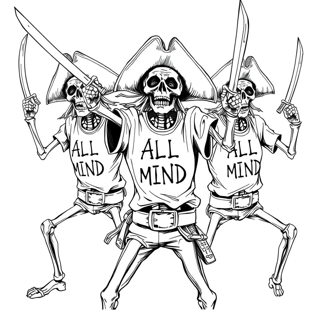 skeleton pirates in action poses, brandishing pirate swords and dressed in t-shirts with the phrase "ALL IN MIND"
