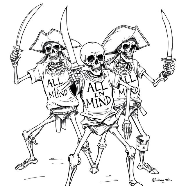 skeleton pirates in action poses, brandishing pirate swords and dressed in t-shirts with the phrase "ALL IN MIND"