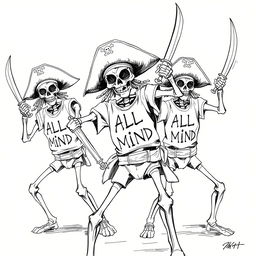 skeleton pirates in action poses, brandishing pirate swords and dressed in t-shirts with the phrase "ALL IN MIND"