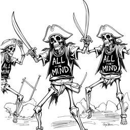 skeleton pirates in action poses, brandishing pirate swords and dressed in t-shirts with the phrase "ALL IN MIND"