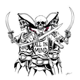 skeleton pirates in a striking, realistic black and white sketch, each wielding pirate swords while wearing t-shirts with the phrase "ALL IN MIND" prominently displayed