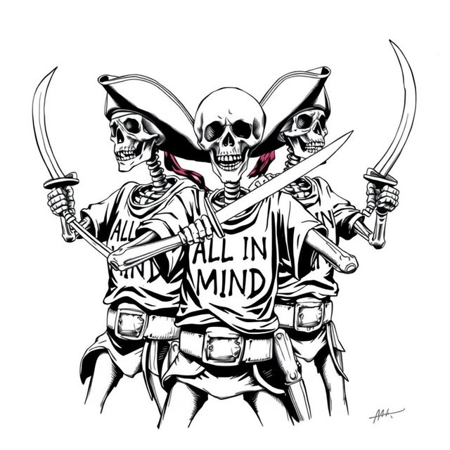 skeleton pirates in a striking, realistic black and white sketch, each wielding pirate swords while wearing t-shirts with the phrase "ALL IN MIND" prominently displayed