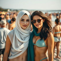 Two beautiful women at a crowded beach, one with white skin, identified as a wlw with an alluring Arab appearance, gracefully wearing a burqa, and another with a glamorous 35-year-old European aura, featuring a mixed hairstyle
