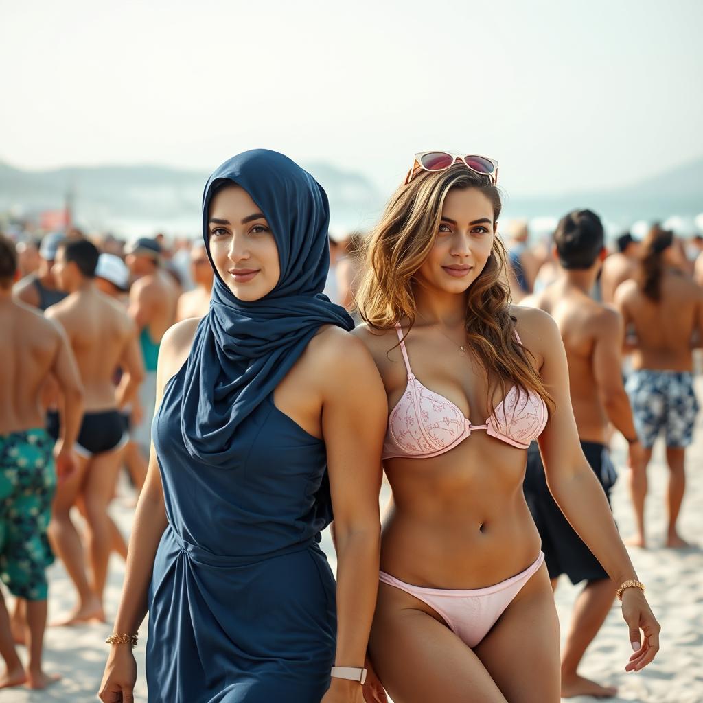 Two beautiful women at a crowded beach, one with white skin, identified as a wlw with an alluring Arab appearance, gracefully wearing a burqa, and another with a glamorous 35-year-old European aura, featuring a mixed hairstyle