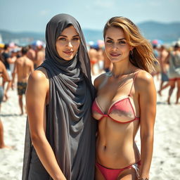 Two beautiful women at a crowded beach, one with white skin, identified as a wlw with an alluring Arab appearance, gracefully wearing a burqa, and another with a glamorous 35-year-old European aura, featuring a mixed hairstyle