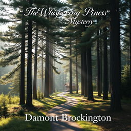 A charming book cover for "The Whispering Pines Mystery," a cozy mystery novel by Damont Brockington