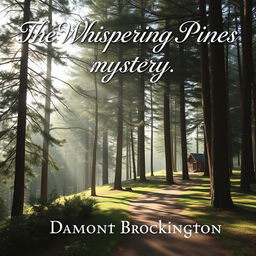 A charming book cover for "The Whispering Pines Mystery," a cozy mystery novel by Damont Brockington