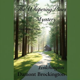 A charming book cover for "The Whispering Pines Mystery," a cozy mystery novel by Damont Brockington