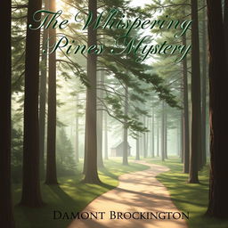 A charming book cover for "The Whispering Pines Mystery," a cozy mystery novel by Damont Brockington