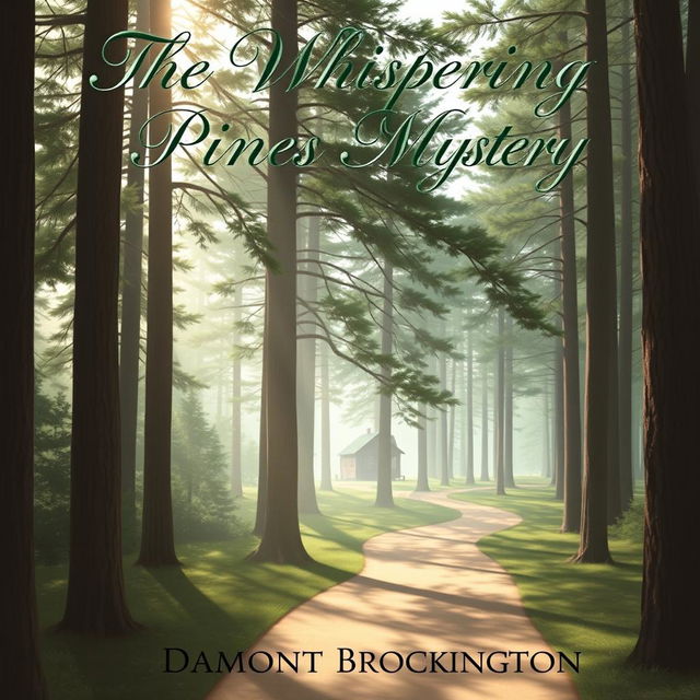 A charming book cover for "The Whispering Pines Mystery," a cozy mystery novel by Damont Brockington