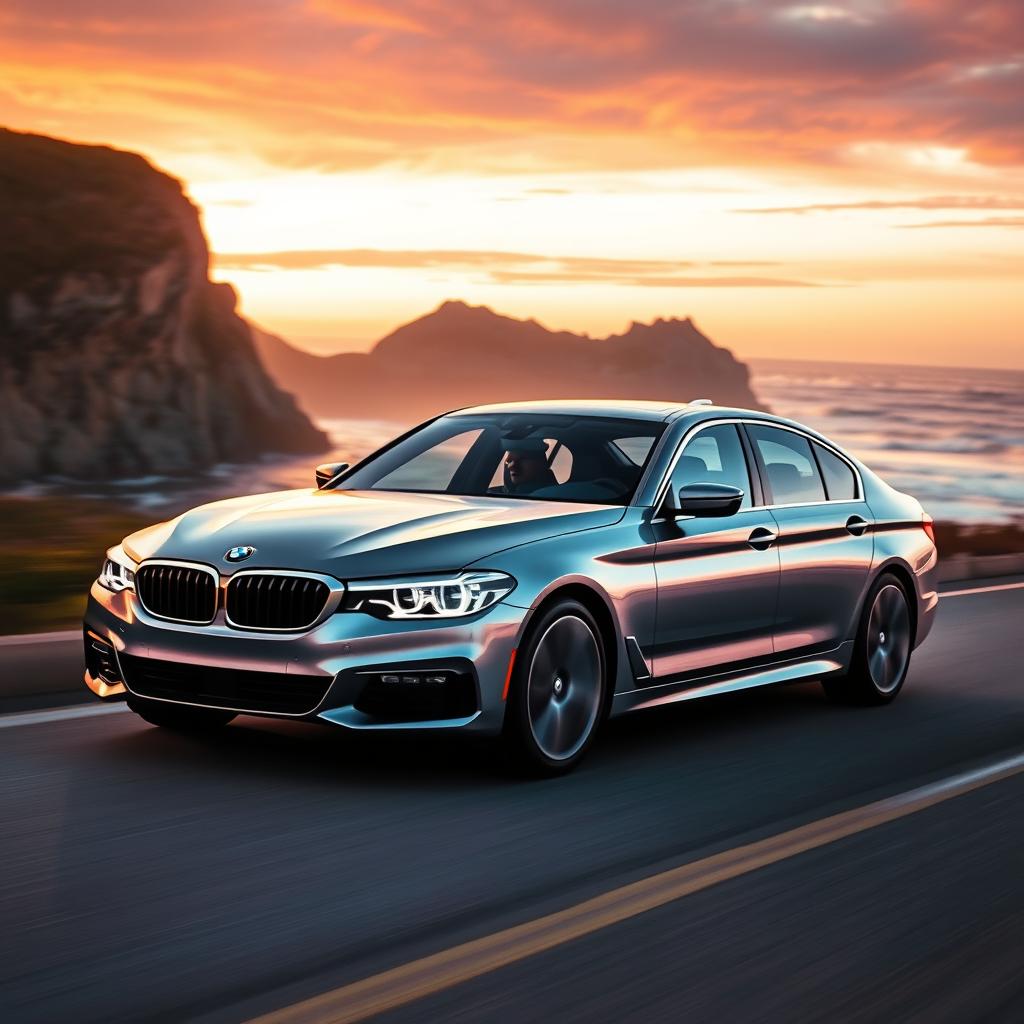 A sleek and modern BMW 5 Series sedan cruising down a picturesque coastal road at sunset