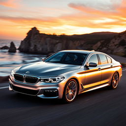 A sleek and modern BMW 5 Series sedan cruising down a picturesque coastal road at sunset