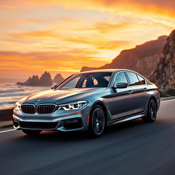 A sleek and modern BMW 5 Series sedan cruising down a picturesque coastal road at sunset